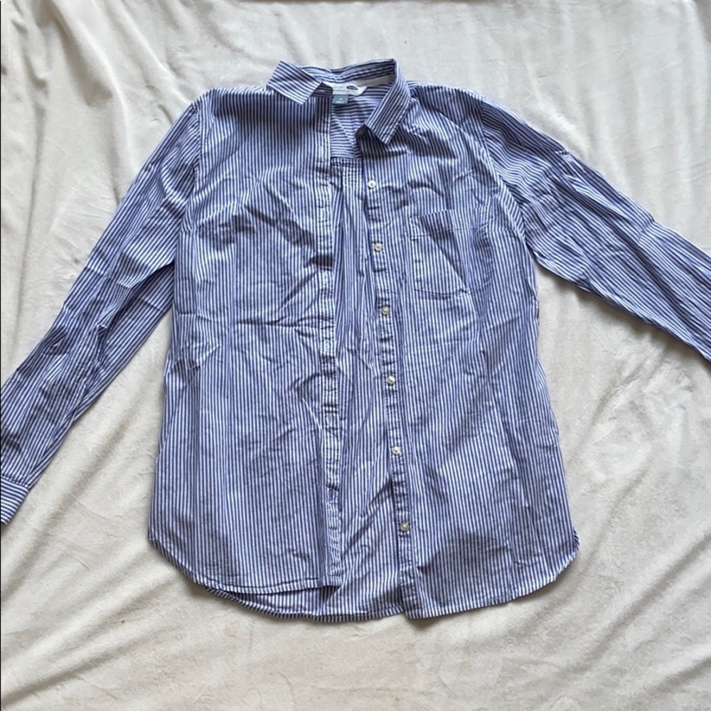 blue striped button down top
